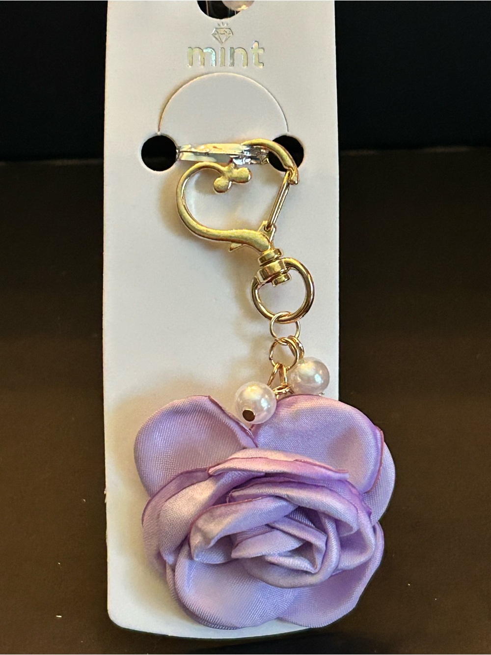 Mint Gold Heart Bag Charm With Fabric Rose Charm, Clear Crystals & Pearls NWT - Picture 6 of 8